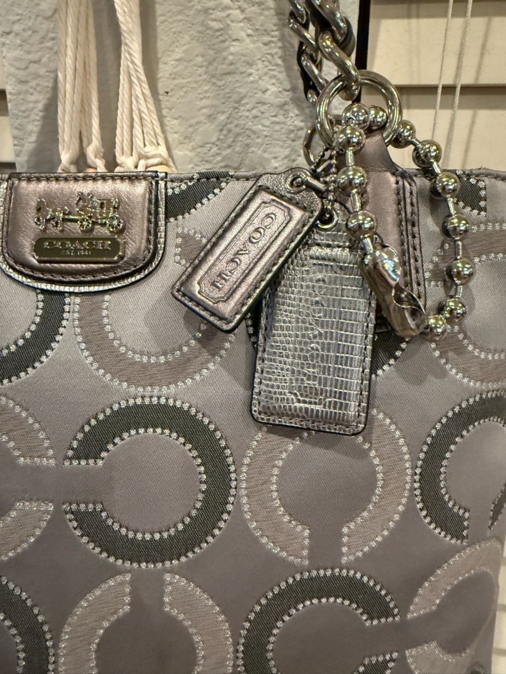 Coach Madison Op Art Sateen Tote in Gray/Silver - Picture 2 of 13